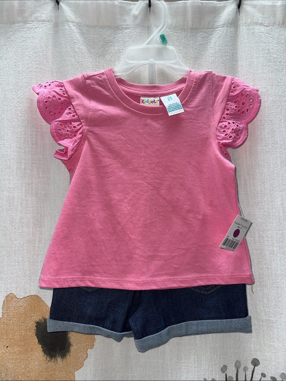 Kidgets Hot Pink Eyelet Flutter Sleeve Tee and Denim Shorts Set